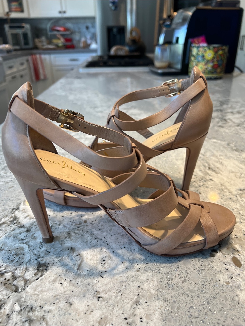 Cole Haan Nike Air Nude Beige Strappy Buckle Heels Stiletto Sandals Size 7 EUC - Picture 7 of 11